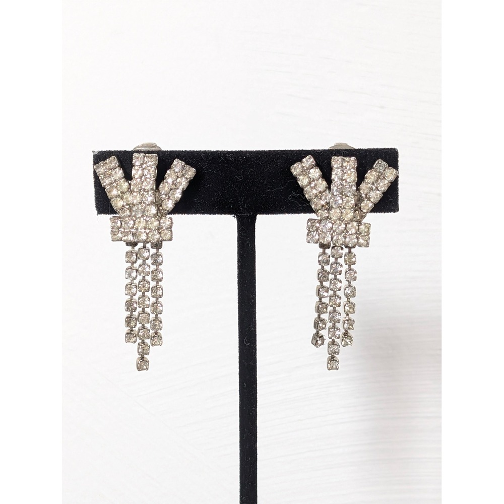 Vintage Art Deco Rhinestone Bow Tassel Clip On Earrings Silver Tone
